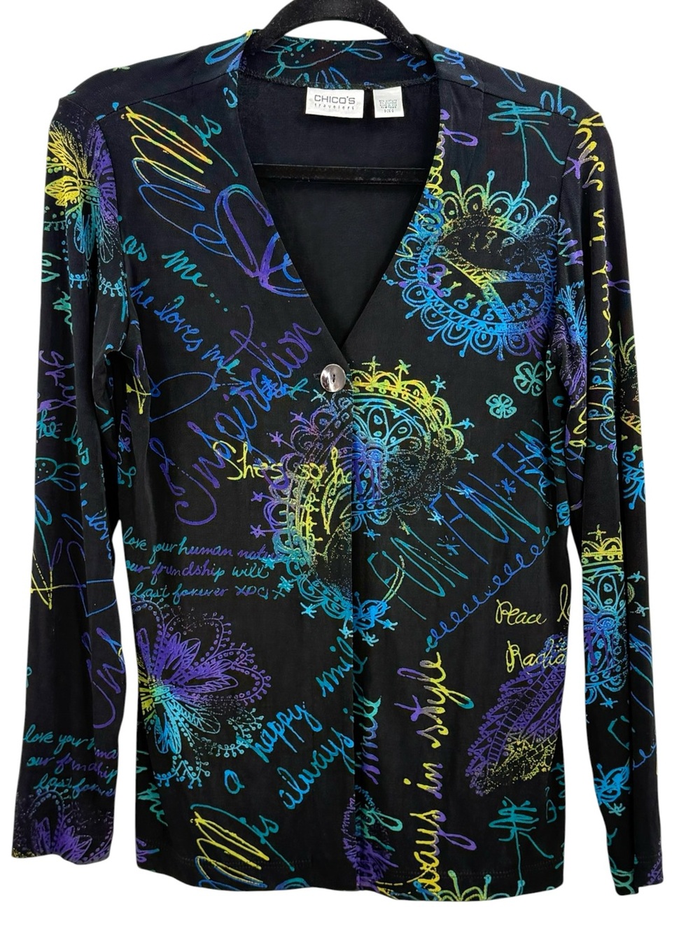 Chico's Travelers Black Peace Love Happiness Cardigan Jacket Top Wearable Art